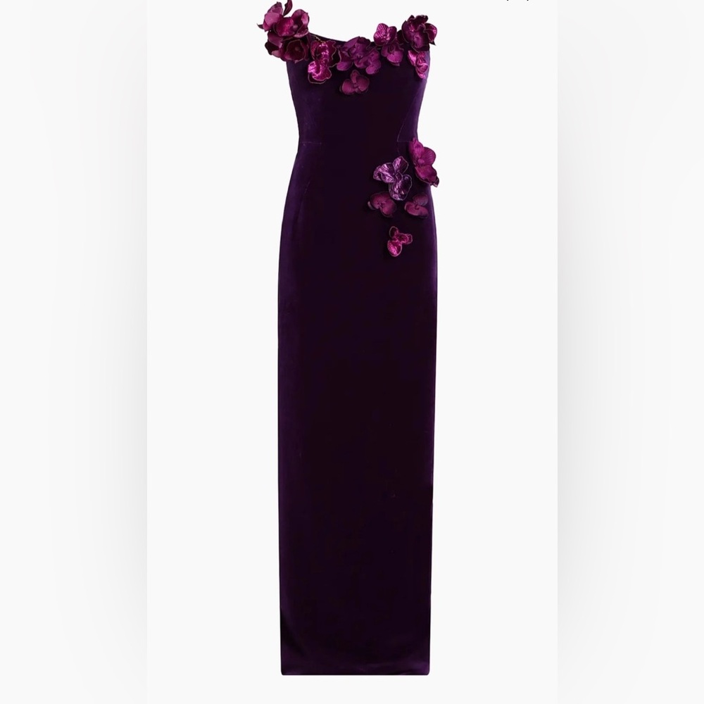 Oscar de la Renta plum purple velvet column gown with orchid floral appliqué